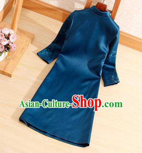 Traditional Chinese National Embroidered Peacock Blue Qipao Dress Tang Suit Cheongsam Costume for Women Traditional Chinese National Embroidered Peacock Blue Qipao Dress Tang Suit Cheongsam Costume for Women