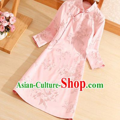 Traditional Chinese National Embroidered Pink Qipao Dress Tang Suit Cheongsam Costume for Women
