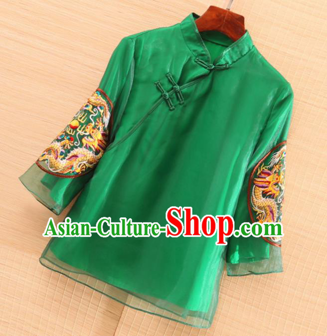 Chinese Traditional Tang Suit Embroidered Dragon Green Organza Blouse National Costume Qipao Upper Outer Garment for Women Chinese Traditional Tang Suit Embroidered Dragon Green Organza Blouse National Costume Qipao Upper Outer Garment for Women