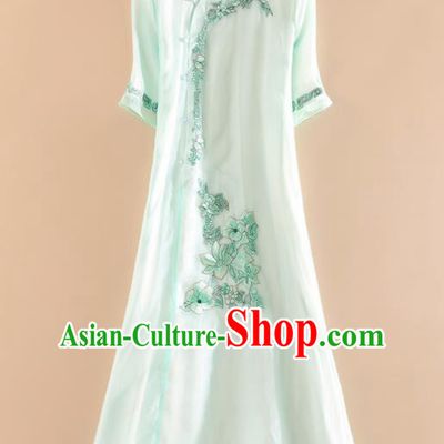 Chinese Traditional Tang Suit Embroidered Light Green Cheongsam National Costume Qipao Dress for Women