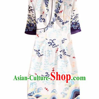 Traditional Chinese National Printing White Qipao Dress Tang Suit Cheongsam Costume for Women