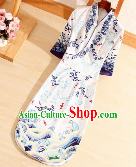 Traditional Chinese National Printing White Qipao Dress Tang Suit Cheongsam Costume for Women Traditional Chinese National Printing White Qipao Dress Tang Suit Cheongsam Costume for Women