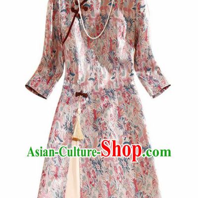 Traditional Chinese National Pink Brocade Qipao Dress Tang Suit Cheongsam Costume for Women