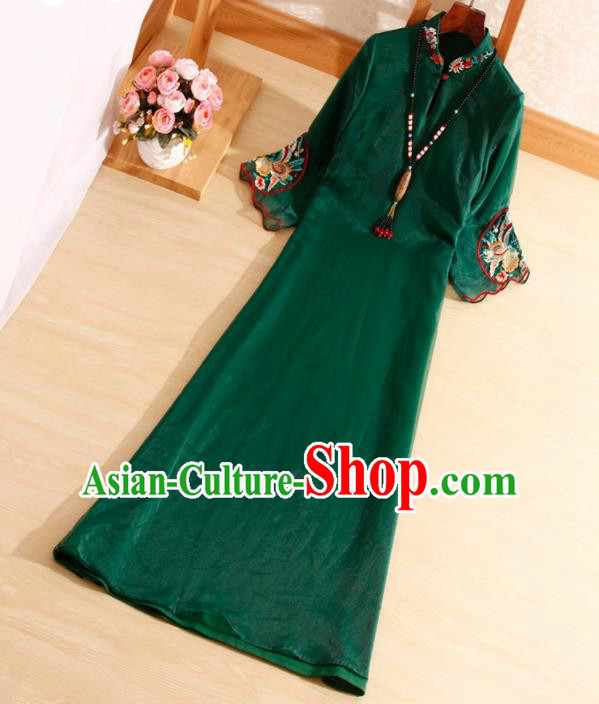 Traditional Chinese National Embroidered Butterfly Deep Green Qipao Dress Tang Suit Cheongsam Costume for Women Traditional Chinese National Embroidered Butterfly Deep Green Qipao Dress Tang Suit Cheongsam Costume for Women