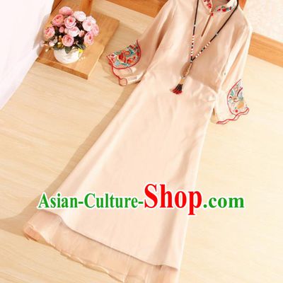 Traditional Chinese National Embroidered Butterfly Champagne Qipao Dress Tang Suit Cheongsam Costume for Women