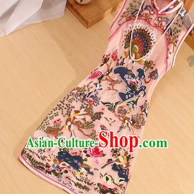 Traditional Chinese National Embroidered Peacock Birds Pink Qipao Dress Tang Suit Cheongsam Costume for Women
