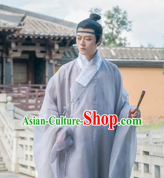 Traditional Chinese Ming Dynasty Scholar Grey Robe Ancient Nobility Childe Taoist Priest Historical Costumes for Men Traditional Chinese Ming Dynasty Scholar Grey Robe Ancient Nobility Childe Taoist Priest Historical Costumes for Men