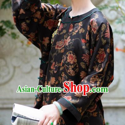 Chinese Traditional Tang Suit Printing Black Silk Blouse National Costume Republic of China Qipao Upper Outer Garment for Women
