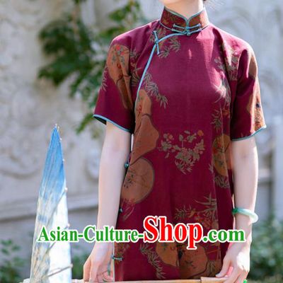 Traditional Chinese Late Qing Dynasty Printing Wine Red Silk Qipao Dress National Tang Suit Cheongsam Costume for Women