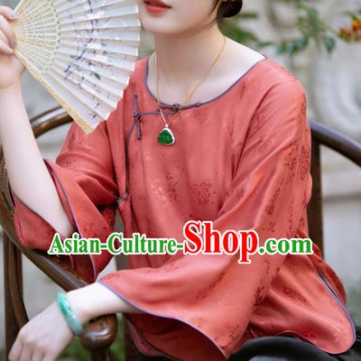 Chinese Traditional Tang Suit Orange Silk Blouse National Costume Republic of China Qipao Upper Outer Garment for Women