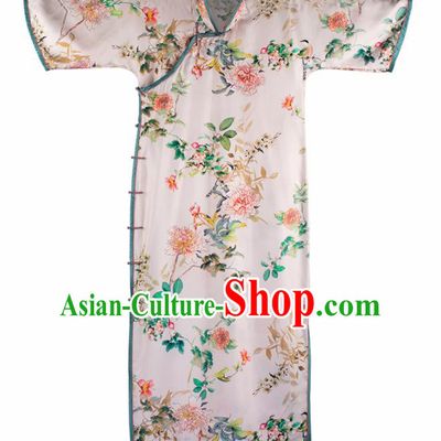 Traditional Chinese Printing White Silk Qipao Dress National Tang Suit Cheongsam Costume for Women