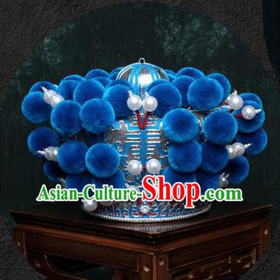 Chinese Traditional Beijing Opera Takefu Hat Peking Opera Blue Venonat Helmet for Men