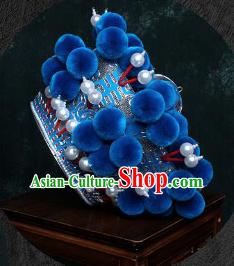 Chinese Traditional Beijing Opera Takefu Hat Peking Opera Blue Venonat Helmet for Men Chinese Traditional Beijing Opera Takefu Hat Peking Opera Blue Venonat Helmet for Men