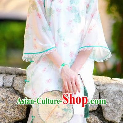 Traditional Chinese Printing White Qipao Dress National Tang Suit Cheongsam Costume for Women
