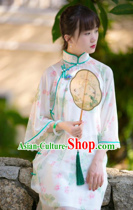 Traditional Chinese Printing White Qipao Dress National Tang Suit Cheongsam Costume for Women Traditional Chinese Printing White Qipao Dress National Tang Suit Cheongsam Costume for Women