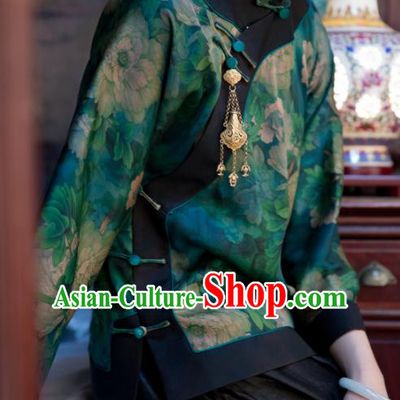 Chinese Traditional Tang Suit Printing Deep Green Silk Shirt National Costume Republic of China Qipao Upper Outer Garment for Women