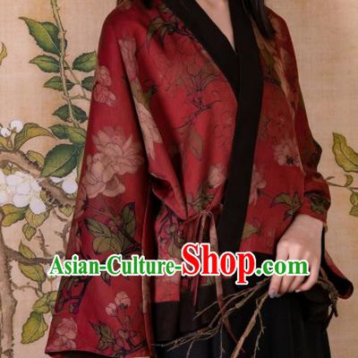 Chinese Traditional Tang Suit Printing Red Silk Shirt National Costume Republic of China Qipao Upper Outer Garment for Women