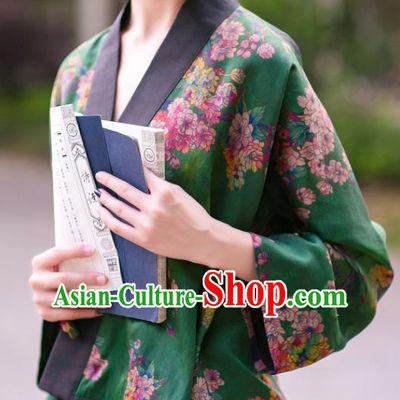 Chinese Traditional Tang Suit Printing Green Silk Shirt National Costume Republic of China Qipao Upper Outer Garment for Women