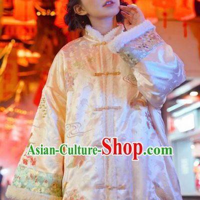 Chinese Traditional Tang Suit Pink Cotton Padded Coat National Costume Republic of China Qipao Upper Outer Garment for Women