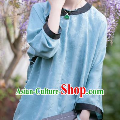 Chinese Traditional Tang Suit Blue Brocade Blouse National Costume Republic of China Qipao Upper Outer Garment for Women