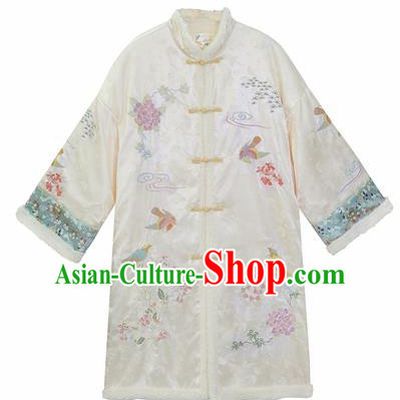 Chinese Traditional Tang Suit White Cotton Padded Coat National Costume Republic of China Qipao Upper Outer Garment for Women