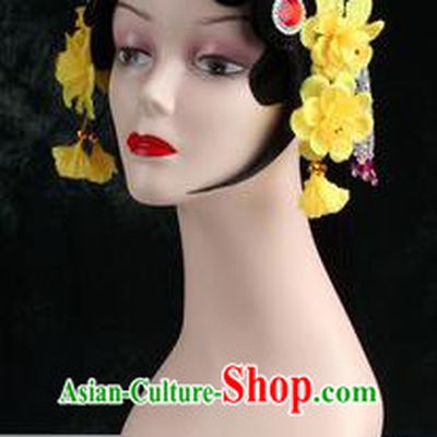Chinese Traditional Beijing Opera Diva Yellow Flower Head Ornaments Hair Accessories for Women