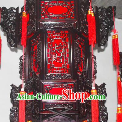 Chinese Traditional New Year Ebony Carving Dragons Palace Lantern Asian Handmade Lantern Ancient Lamp
