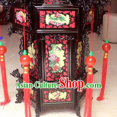 Chinese Traditional New Year Printing Peony Wood Palace Lantern Asian Handmade Lantern Ancient Lamp