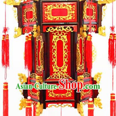 Chinese Traditional New Year Carving Dragon Wood Red Palace Lantern Asian Handmade Lantern Ancient Lamp