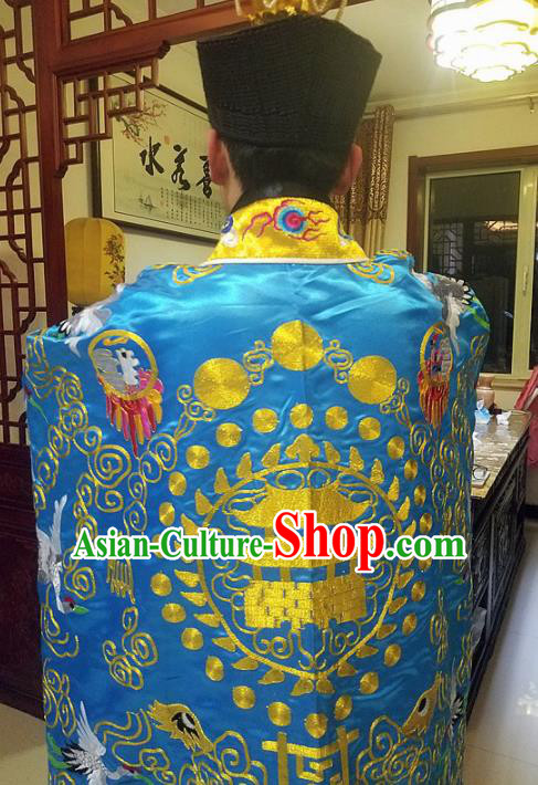 Chinese Traditional Taoism Costume Ancient Taoist Priest Cassocks Embroidered Crane Blue Vestment