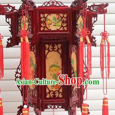 Chinese Traditional Handmade Landscape Painting Carving Rosewood Palace Lantern Asian New Year Lantern Ancient Lamp