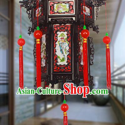 Chinese Traditional Handmade Red Tassel Printing Plastic Palace Lantern Asian New Year Lantern Ancient Ceiling Lamp