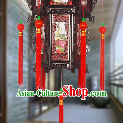 Chinese Traditional Handmade Red Tassel Printing Peony Plastic Palace Lantern Asian New Year Lantern Ancient Ceiling Lamp