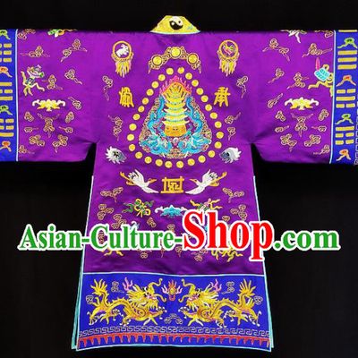 Chinese Ancient Taoist Priest Embroidered Dragons Crane Purple Cassocks Traditional Taoism Vestment Costume