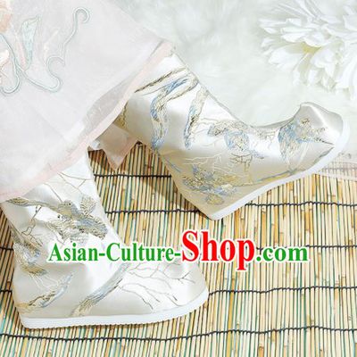 Chinese National White Satin Boots Hanfu Shoes Traditional Princess Shoes Embroidered Crane Shoes for Women