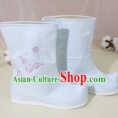 Chinese National Embroidered Butterfly Blue Boots Hanfu Shoes Traditional Princess Shoes Ancient Shoes for Women