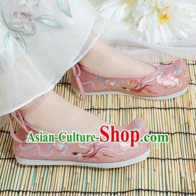 Chinese National Embroidered Phoenix Peony Pink Shoes Ancient Traditional Princess Shoes Hanfu Shoes for Women