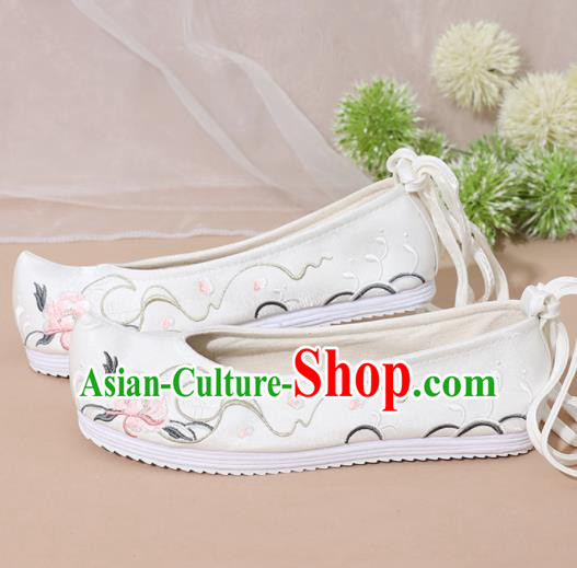 Chinese National Embroidered Peony White Shoes Ancient Traditional Princess Shoes Hanfu Shoes for Women Chinese National Embroidered Peony White Shoes Ancient Traditional Princess Shoes Hanfu Shoes for Women