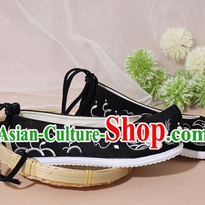 Chinese National Embroidered Peony Black Shoes Ancient Traditional Princess Shoes Hanfu Shoes for Women