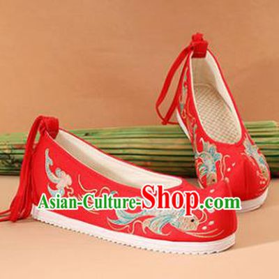 Chinese National Embroidered Carps Red Shoes Ancient Traditional Princess Shoes Wedding Hanfu Shoes for Women