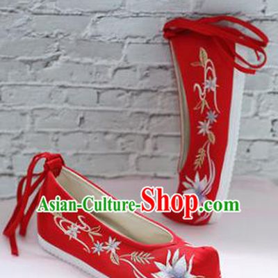 Chinese National Embroidered Lotus Red Shoes Ancient Traditional Princess Shoes Wedding Hanfu Shoes for Women