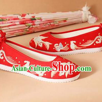 Chinese National Wedding Embroidered Fish Red Shoes Ancient Traditional Princess Shoes Hanfu Shoes for Women