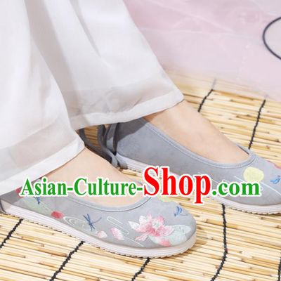 Traditional Chinese National Embroidered Lotus Grey Shoes Ancient Princess Shoes Handmade Hanfu Shoes for Women