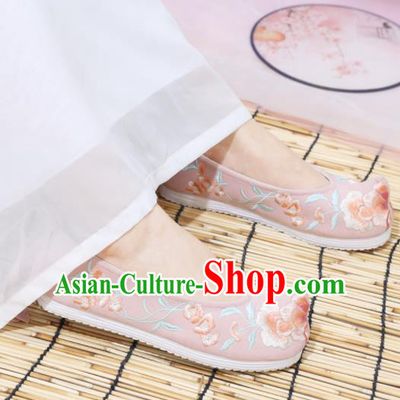 Traditional Chinese National Embroidered Peony Pink Shoes Ancient Princess Shoes Handmade Hanfu Shoes for Women