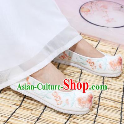 Traditional Chinese National Embroidered Peony White Shoes Ancient Princess Shoes Handmade Hanfu Shoes for Women