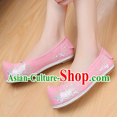 Traditional Chinese National Embroidered Orchid Pink Shoes Ancient Princess Cloth Shoes Handmade Hanfu Shoes for Women