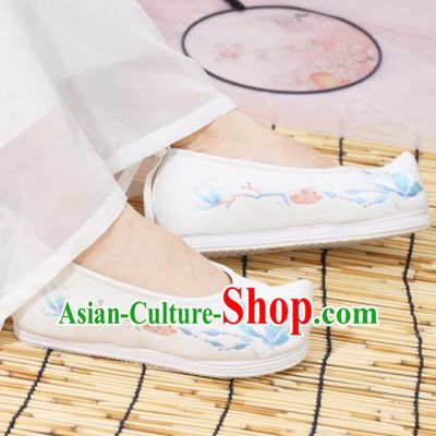Traditional Chinese National Embroidered Magnolia White Shoes Ancient Princess Shoes Handmade Hanfu Shoes for Women