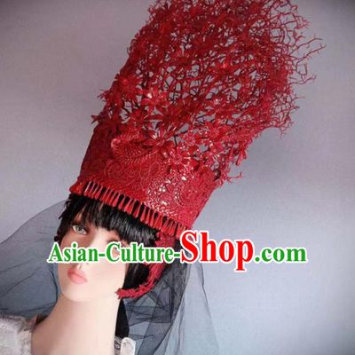 Traditional Chinese Deluxe Red Hat Hair Accessories Halloween Stage Show Headdress for Women