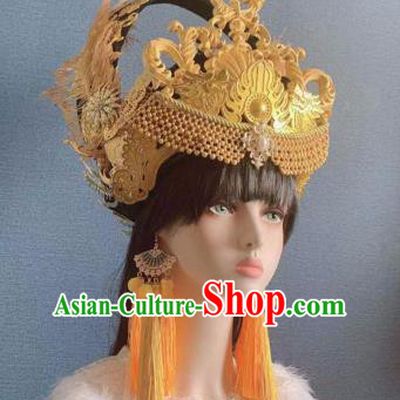 Traditional Chinese Deluxe Golden Feather Phoenix Coronet Hair Accessories Halloween Stage Show Headdress for Women