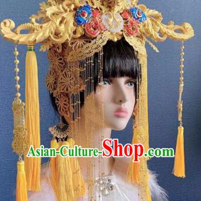 Traditional Chinese Golden Deluxe Phoenix Coronet Hair Accessories Halloween Stage Show Headdress for Women